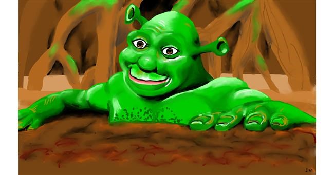 Drawing of Shrek by flowerpot