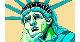Drawing of Statue of Liberty by flowerpot
