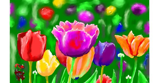 Drawing of Tulips by flowerpot