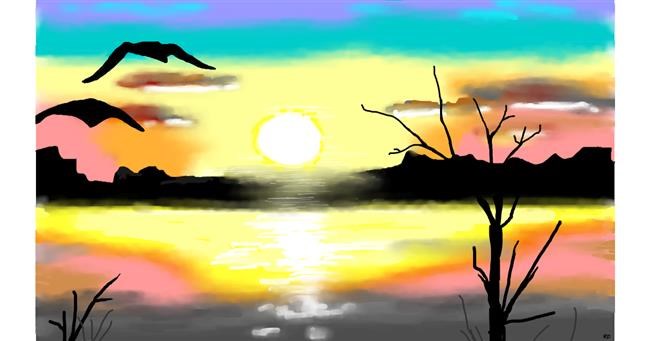 Drawing of Sunset by flowerpot