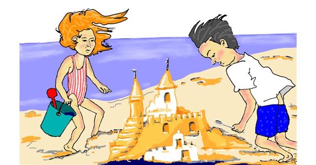 Drawing of Sand castle by flowerpot