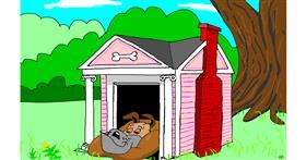 Drawing of Dog house by flowerpot