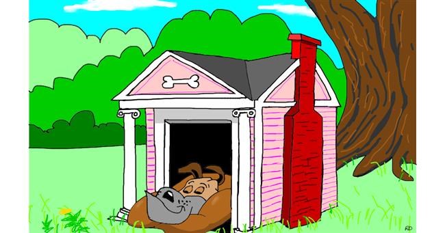 Drawing of Dog house by flowerpot