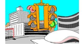 Drawing of Traffic light by flowerpot