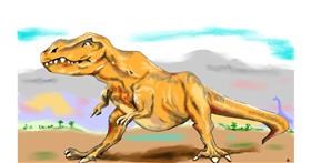 Drawing of T-rex dinosaur by flowerpot