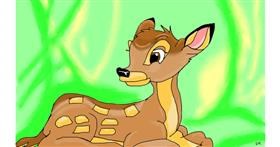 Drawing of Bambi by flowerpot