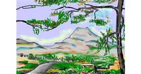 Drawing of Mountain by flowerpot