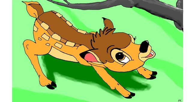 Drawing of Bambi by flowerpot